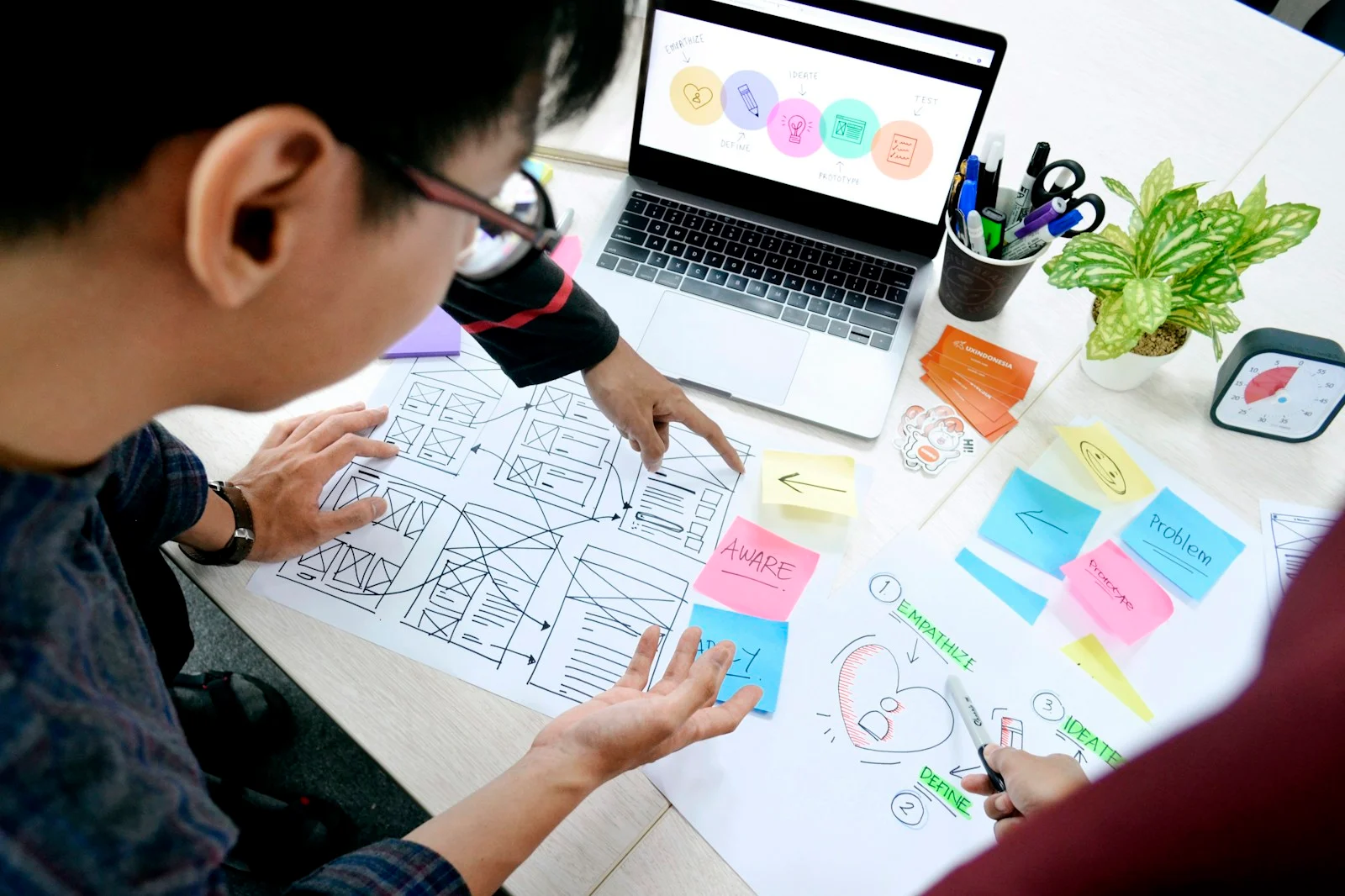 Tim meninjau wireframe kertas dan tahapan proses desain