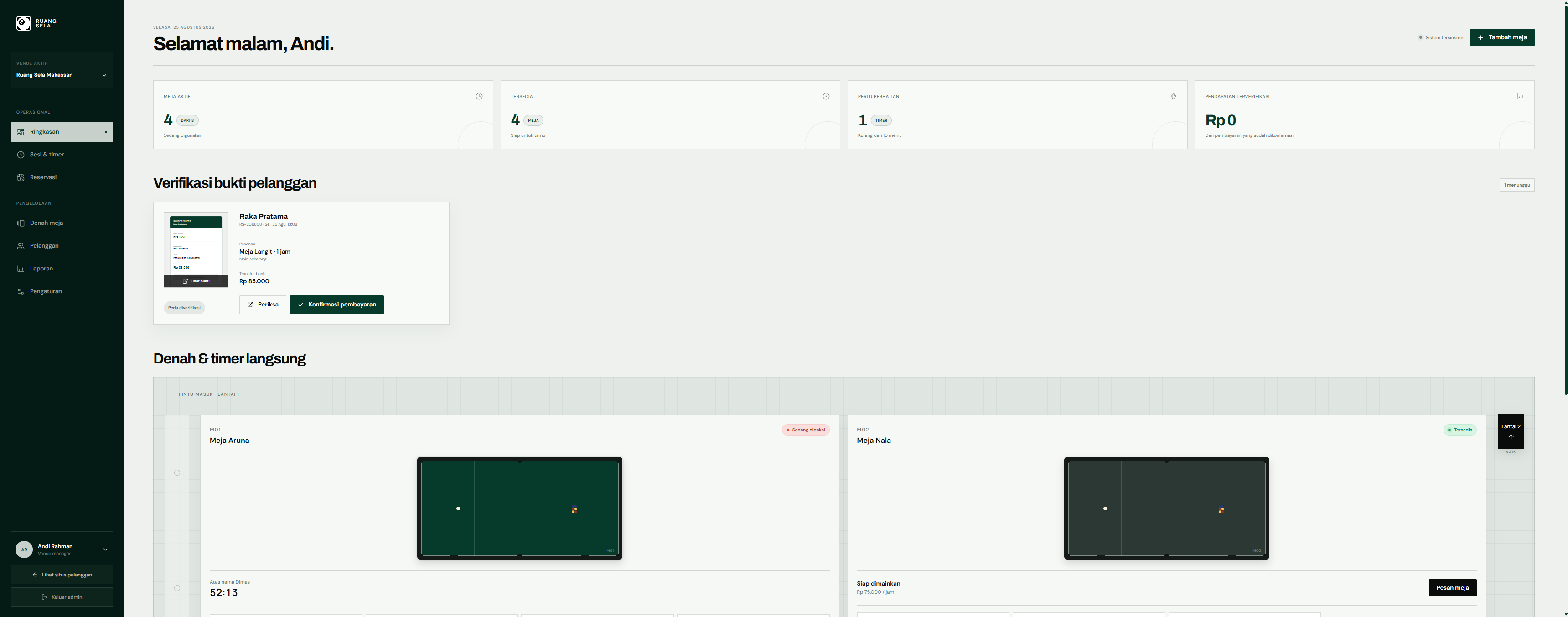 Billiard operations dashboard and payment verification