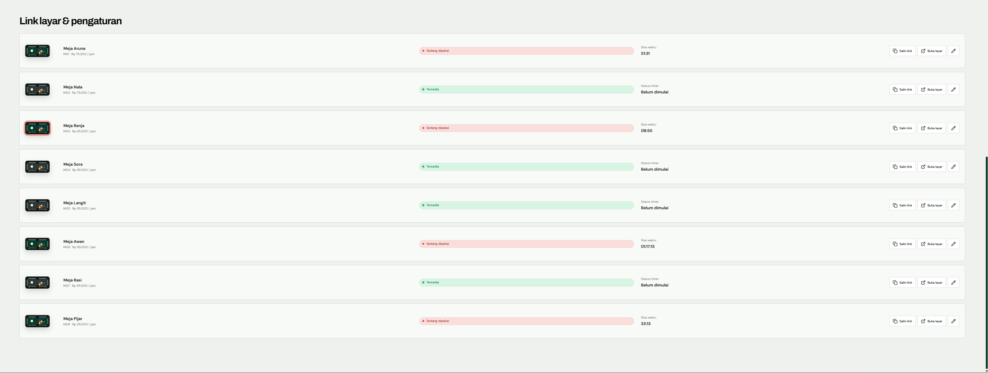 Per-table television links and timer controls