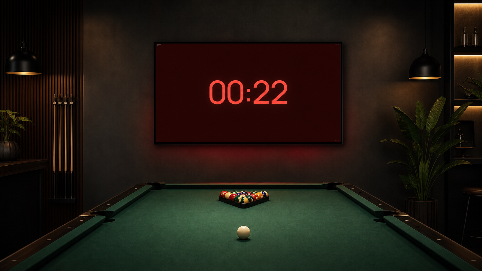 Urgent red billiard timer shown on a television above the table