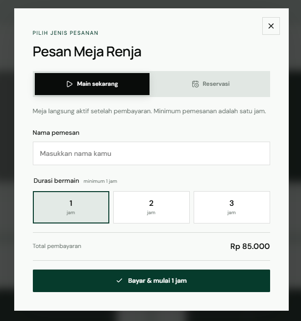 Billiard customer table ordering form