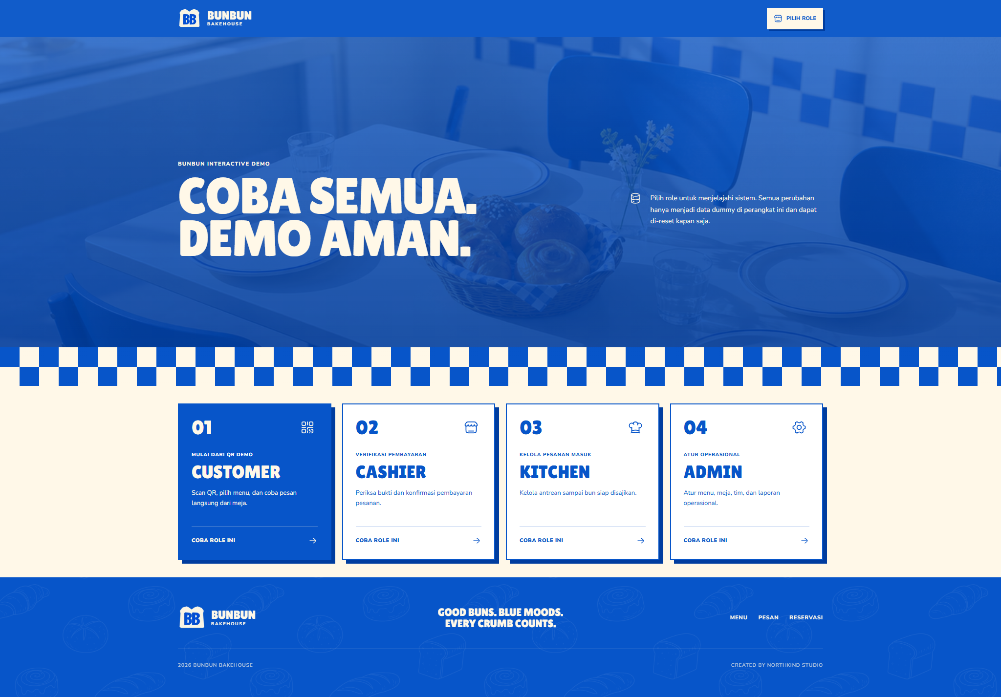 Bunbun customer, cashier, kitchen, and admin role preview
