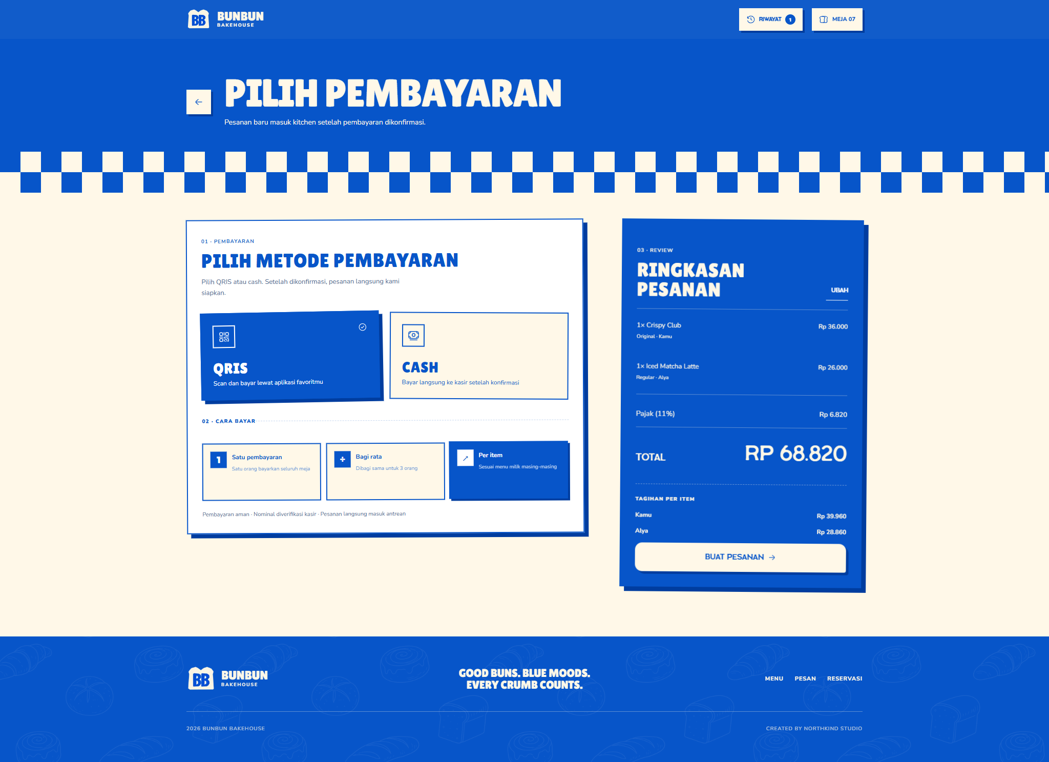 Bunbun checkout with one-payment, equal-split, and per-item billing