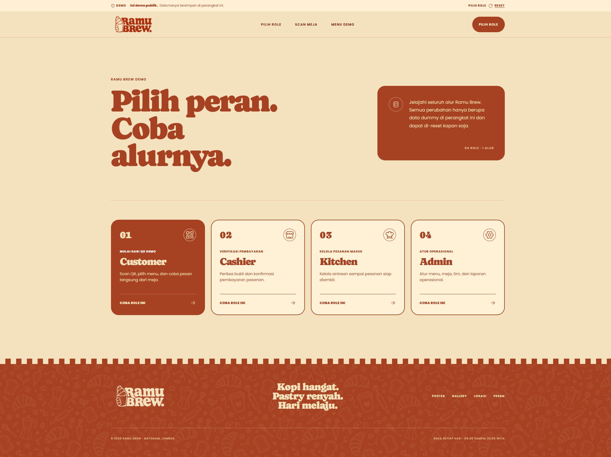 Ramu Brew customer, cashier, kitchen, and admin role picker
