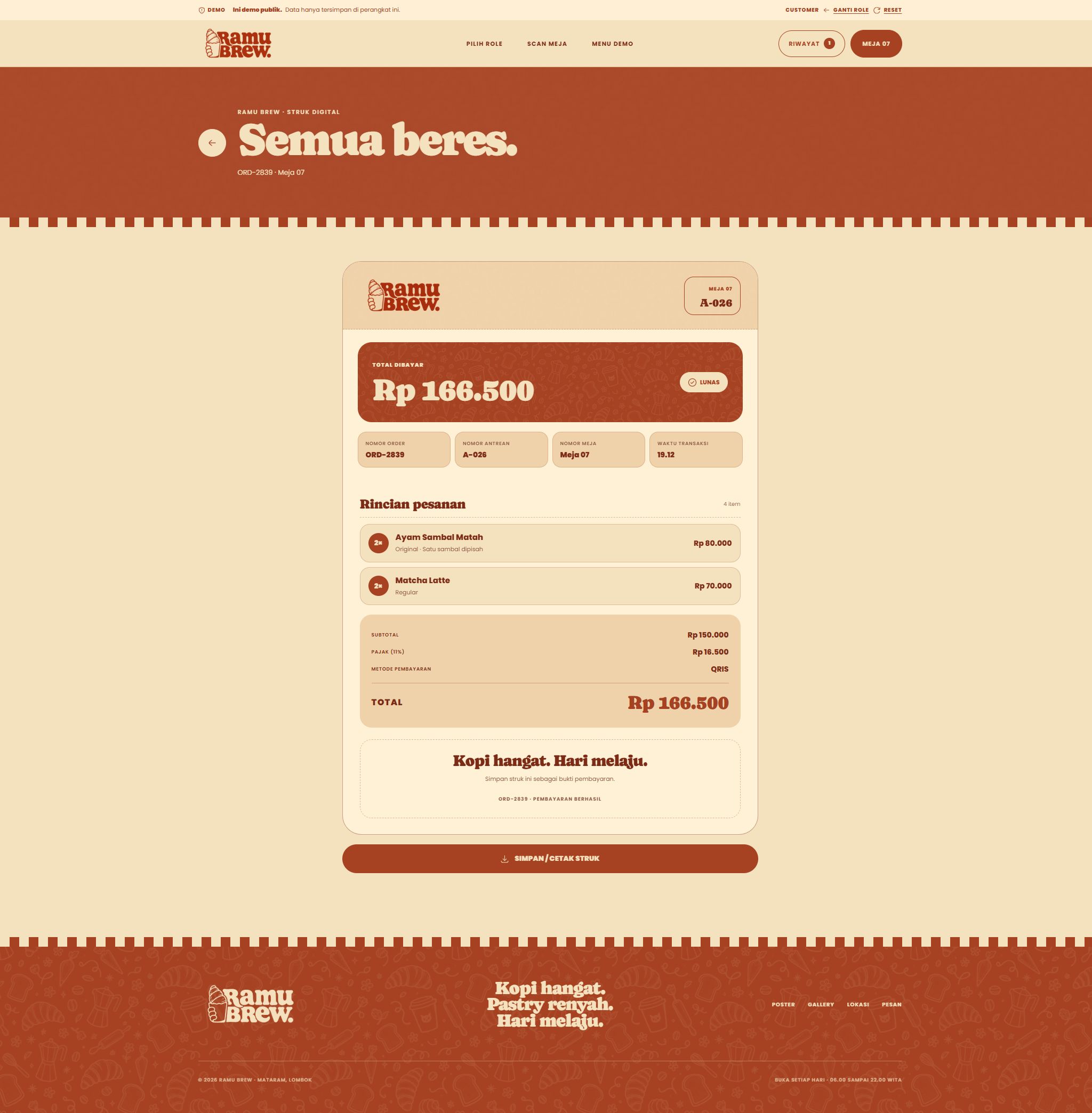 Ramu Brew digital receipt