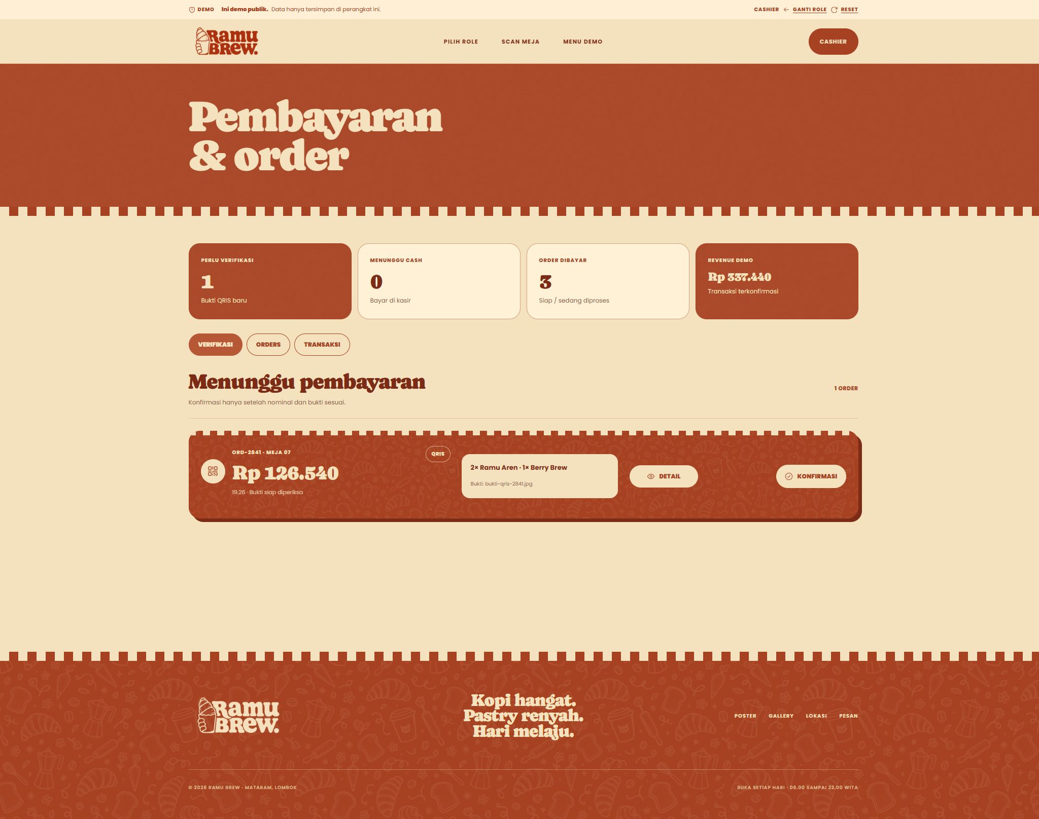 Ramu Brew cashier payment verification