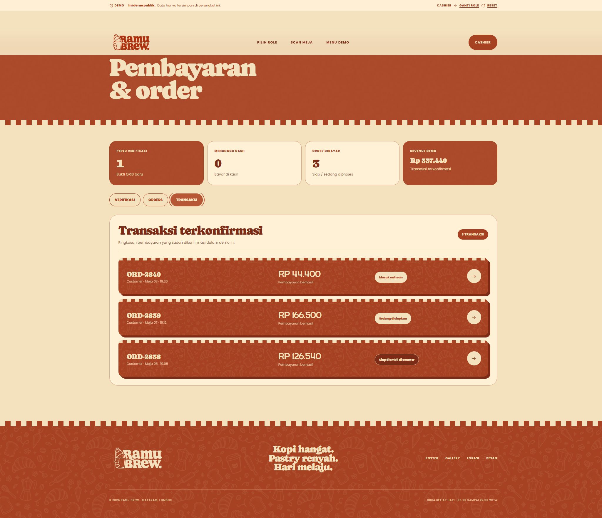 Ramu Brew cashier transactions