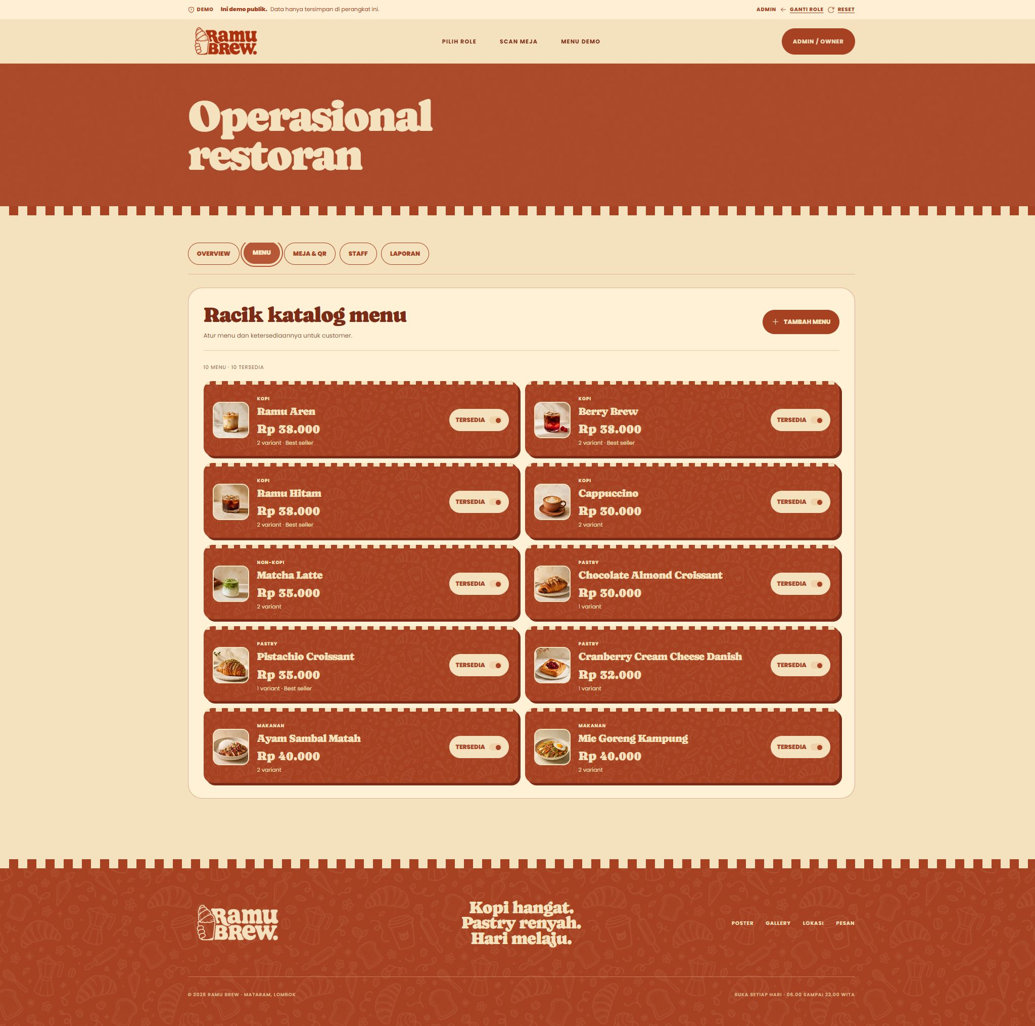Ramu Brew owner menu management
