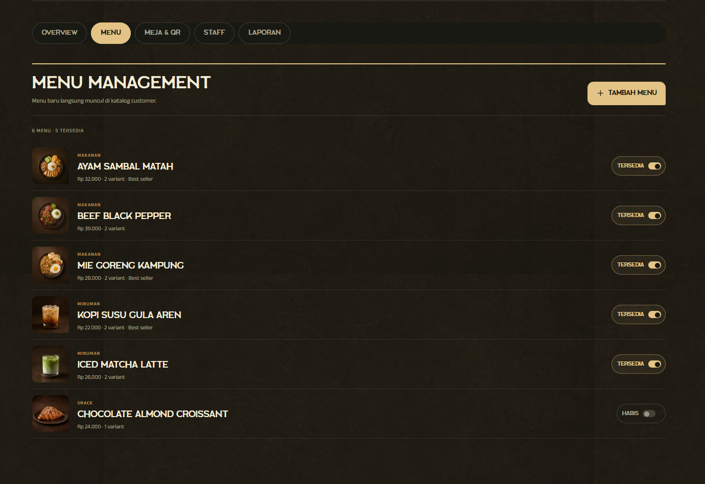 DineFlow owner menu management