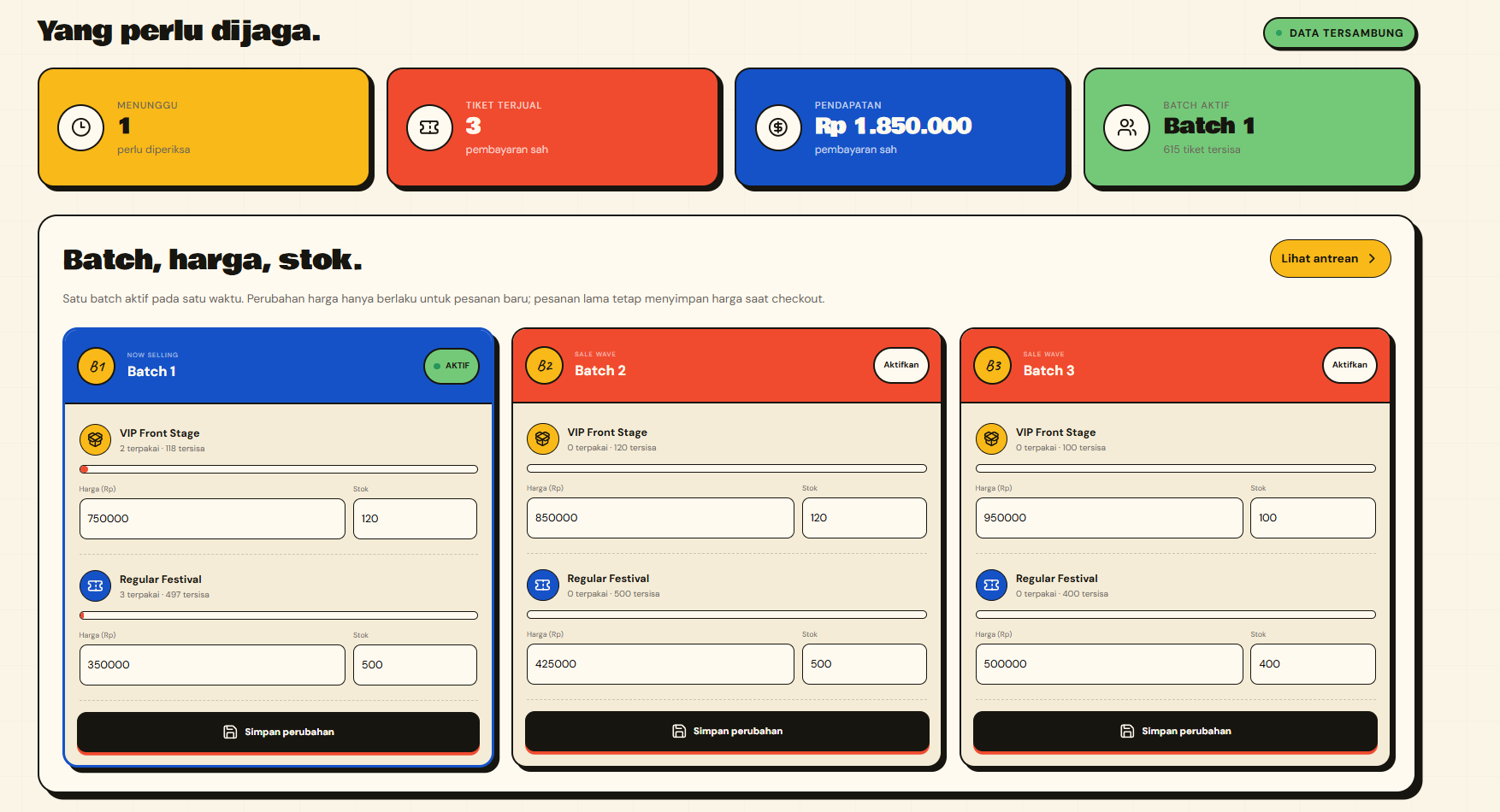 EventFlow admin batch pricing and ticket stock