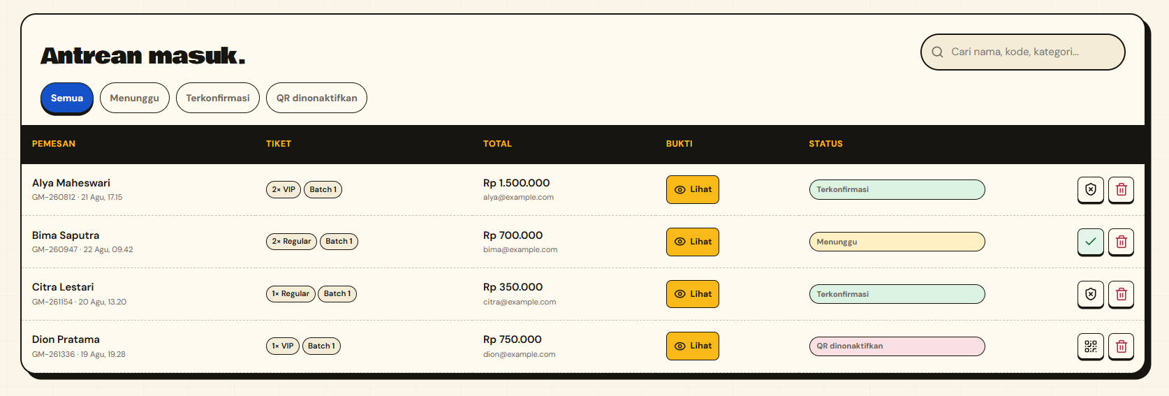 EventFlow admin incoming ticket order queue