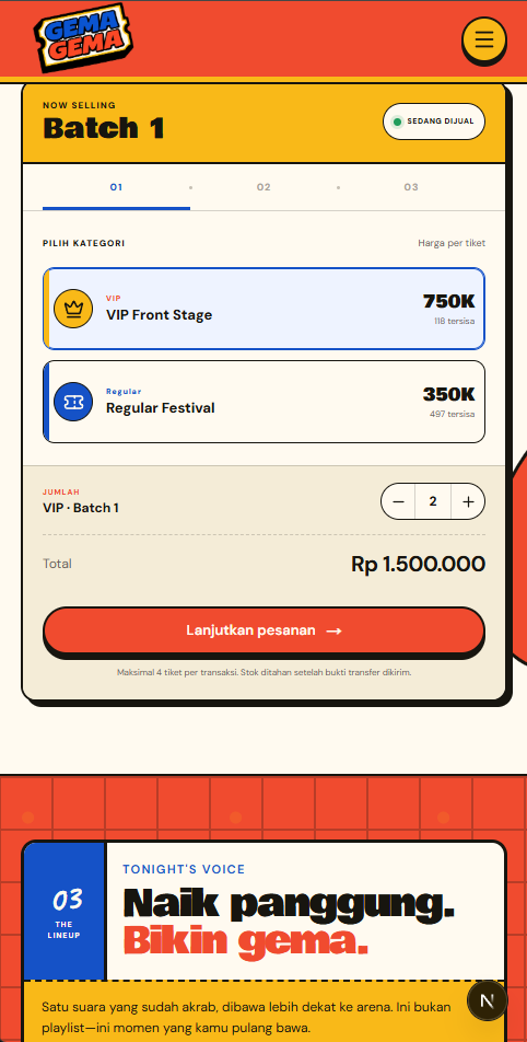 EventFlow mobile ticket batch and category selection