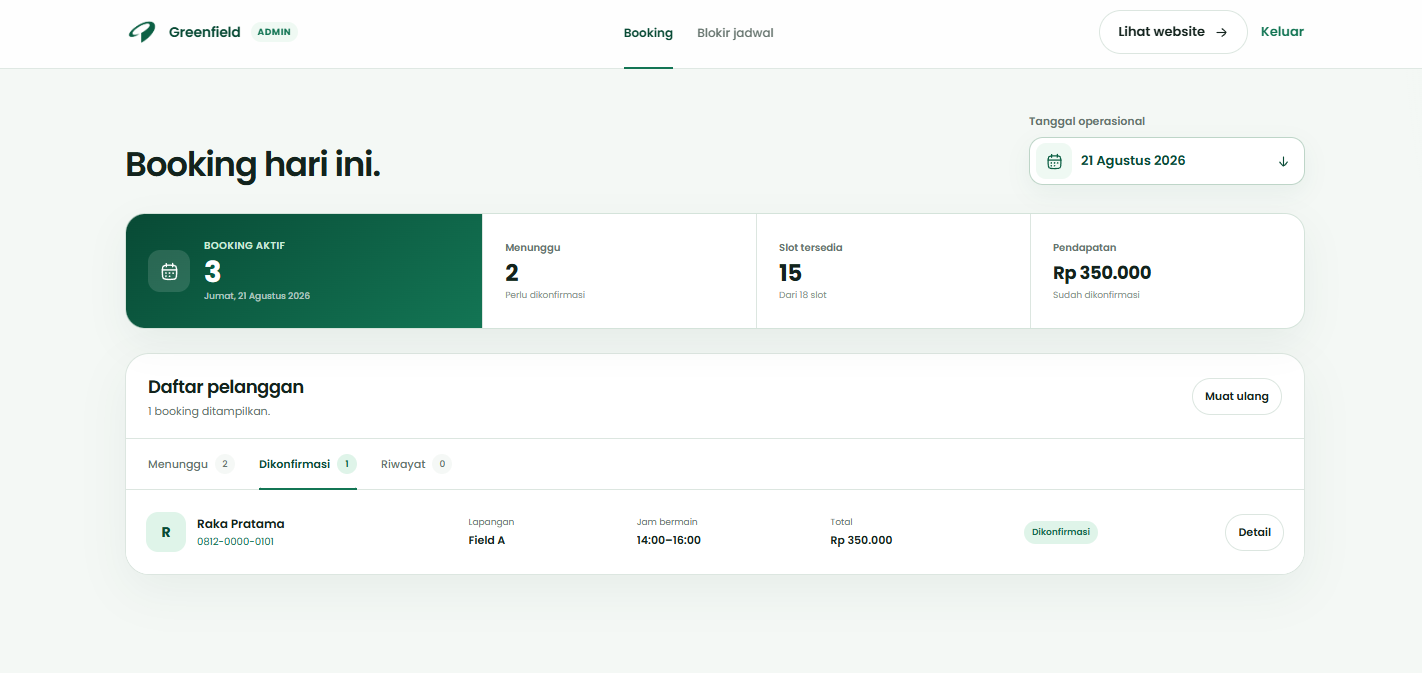 Greenfield confirmed booking workspace
