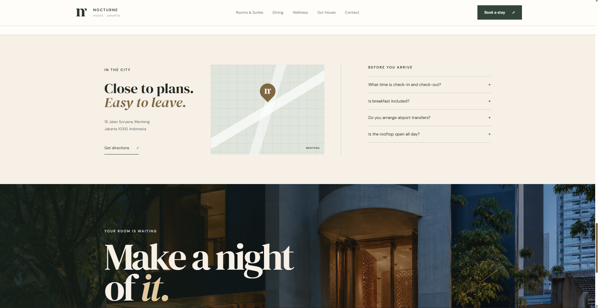 Nocturne hotel location, arrival FAQ, and closing homepage hero