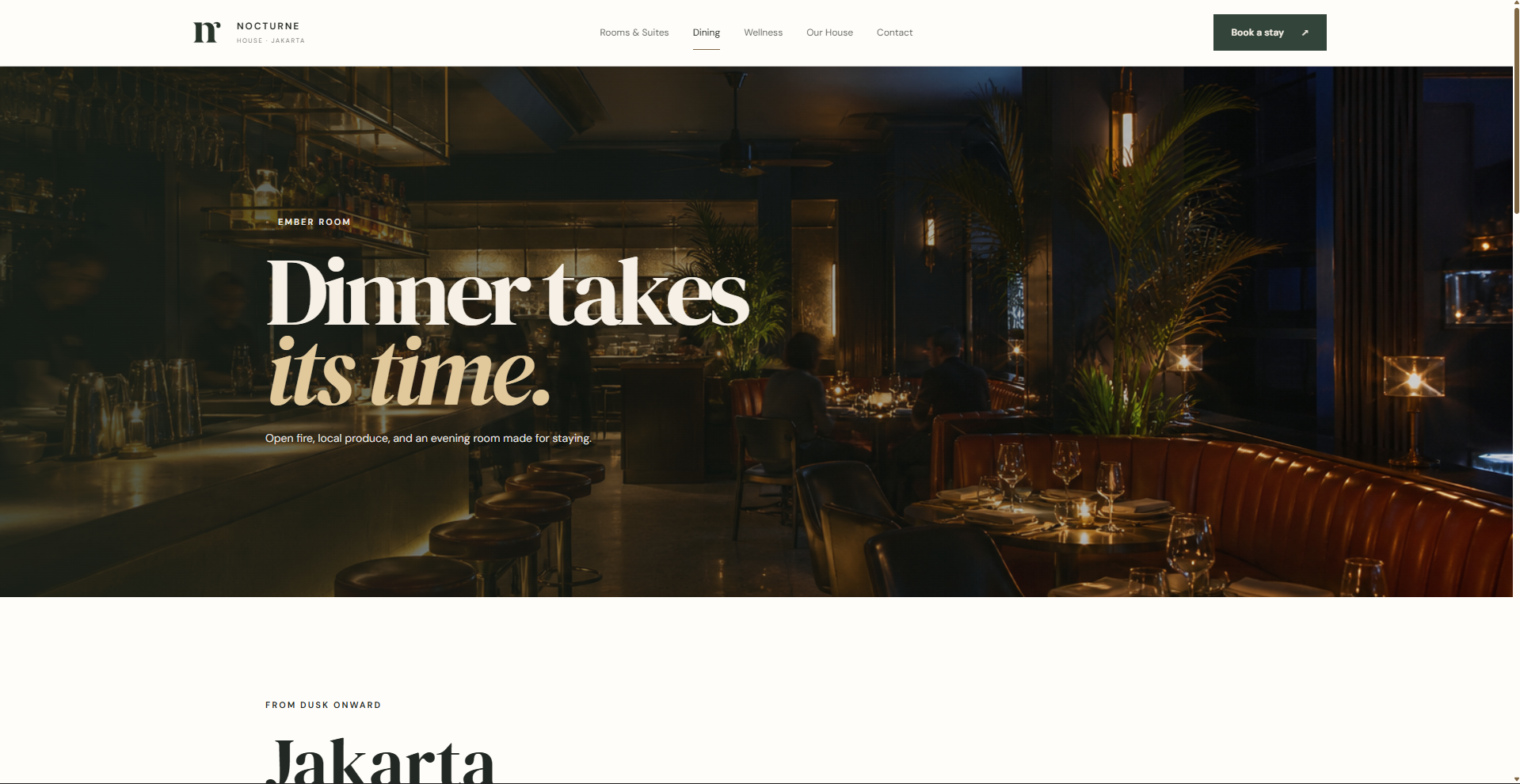 Nocturne dining page hero with evening restaurant interior