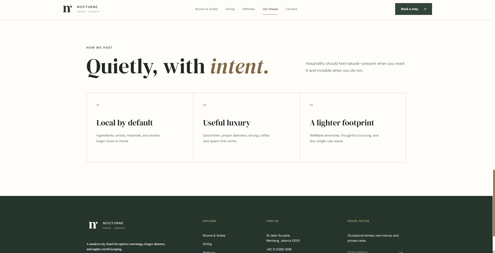 Nocturne hospitality values and hotel footer