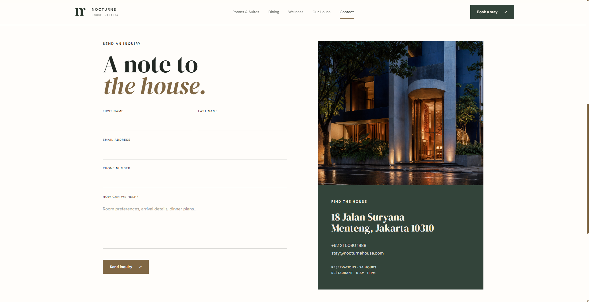 Nocturne inquiry form and hotel address card