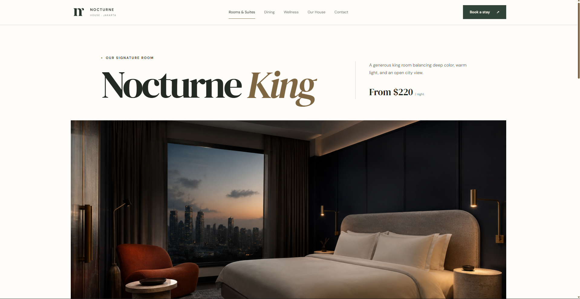 Nocturne King hotel room detail hero and nightly rate