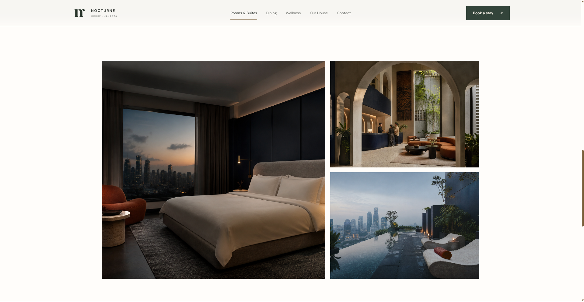 Nocturne room, lobby, and rooftop gallery