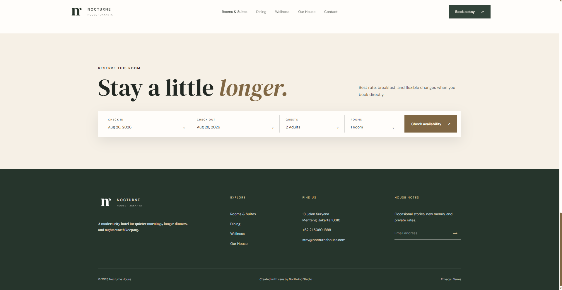 Nocturne room reservation call to action and footer