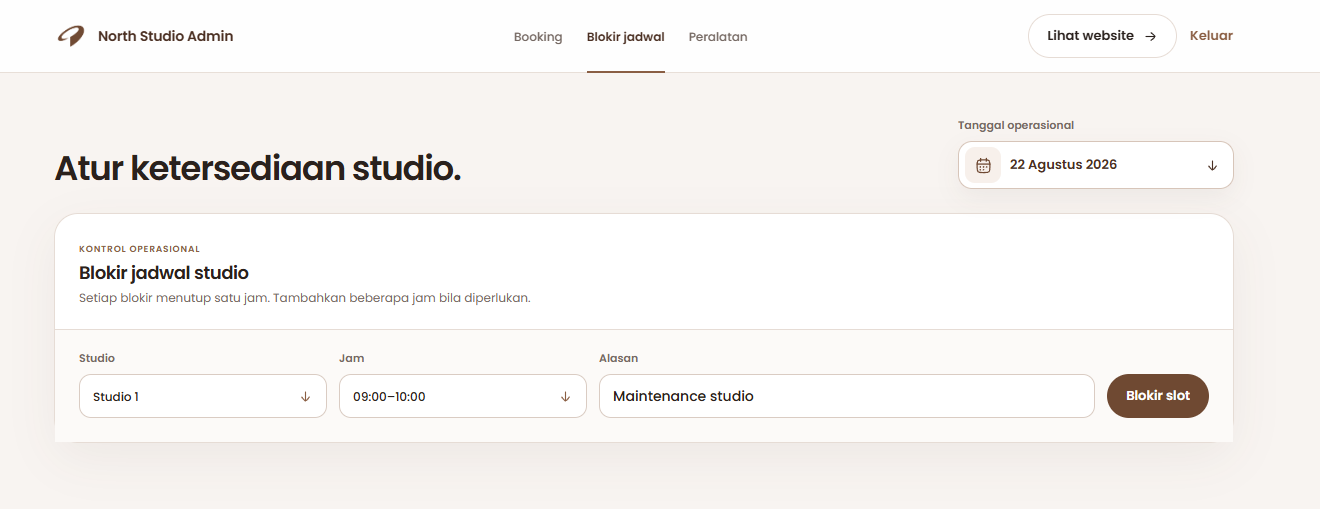 North Studio admin schedule blocking controls