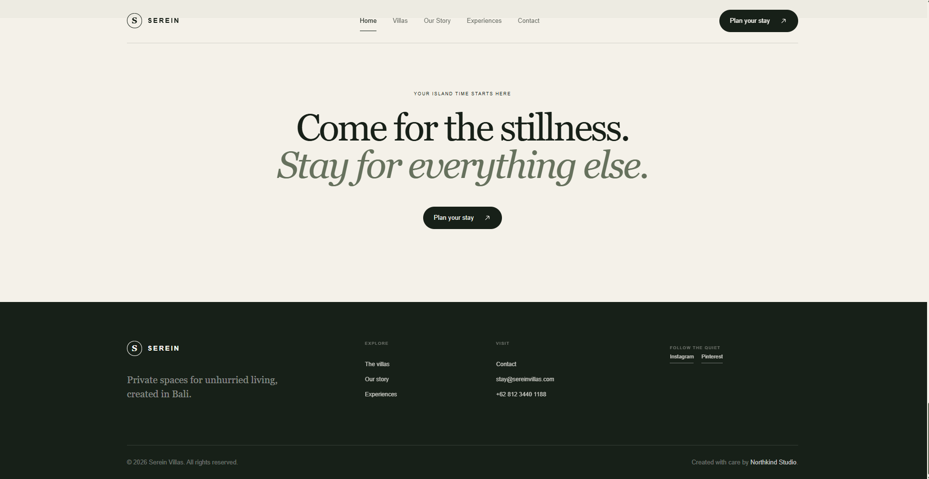 Serein homepage closing call to action and footer