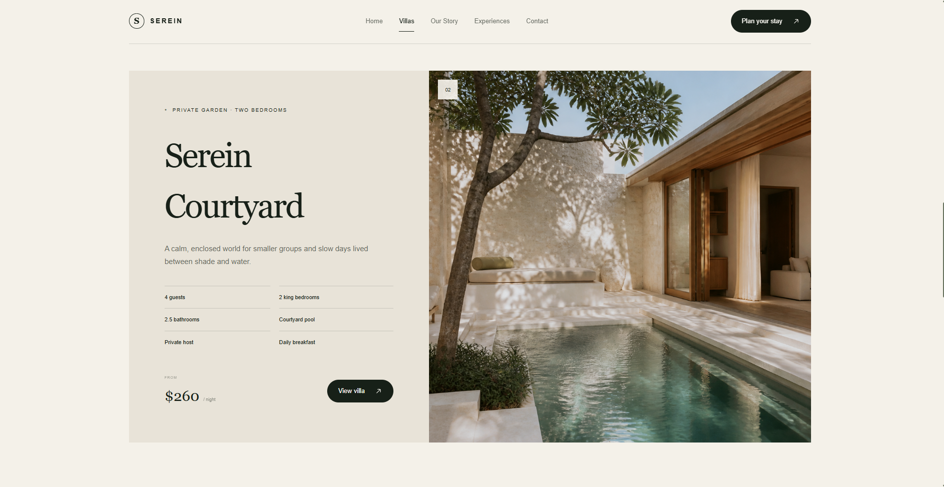 Serein villa detail page with accommodation facts and price
