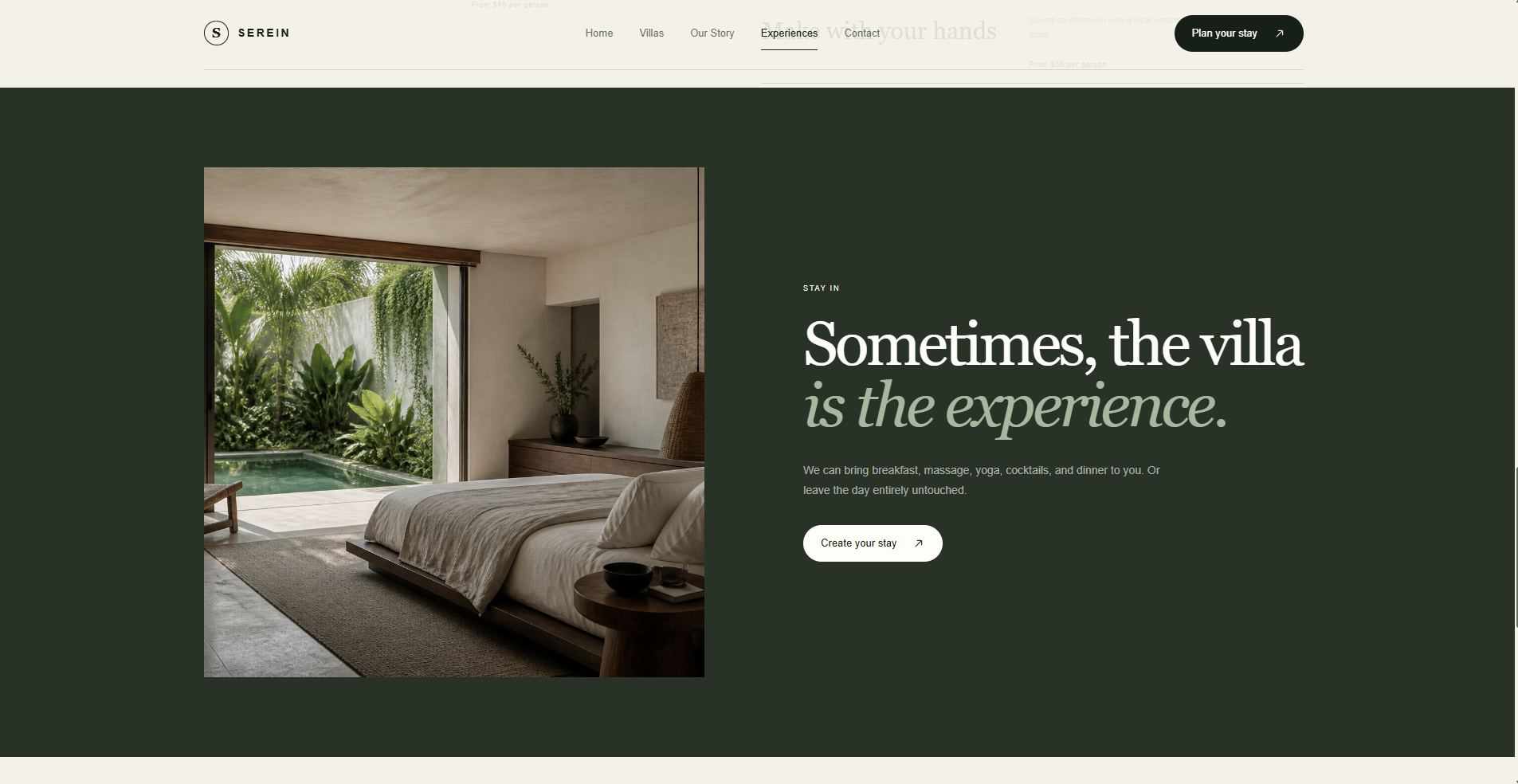 Serein in-villa experience call to action