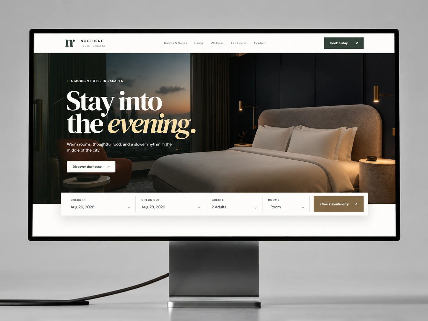 Nocturne hotel company profile homepage with city room hero and reservation bar