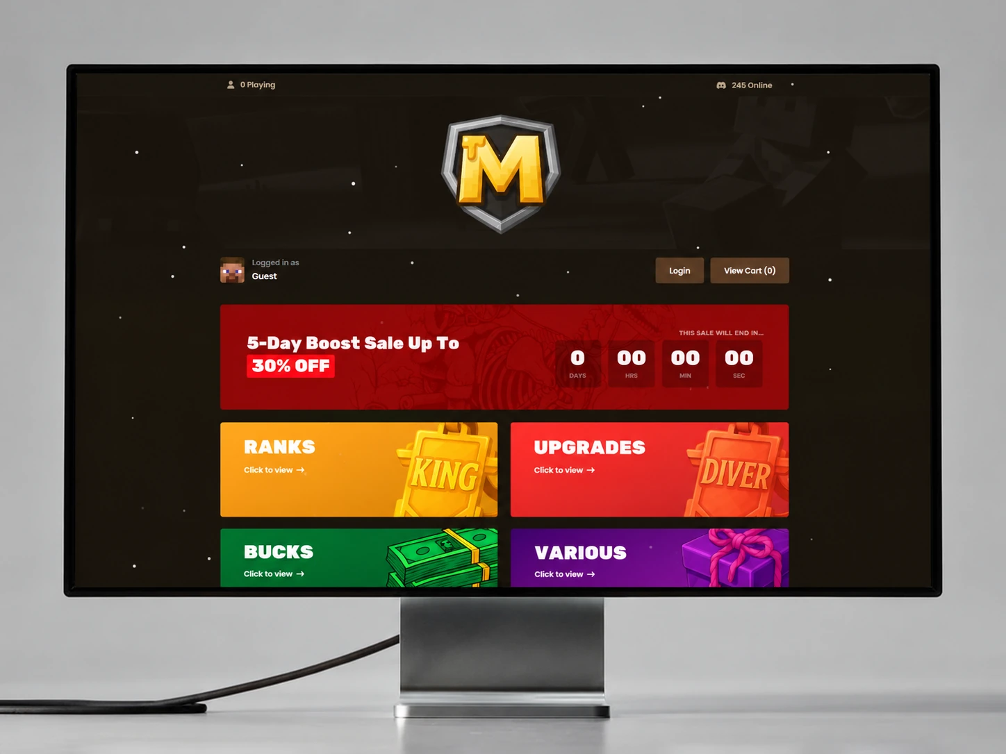 MineHive Minecraft server store home page with ranks, upgrades, Bucks, and bundles