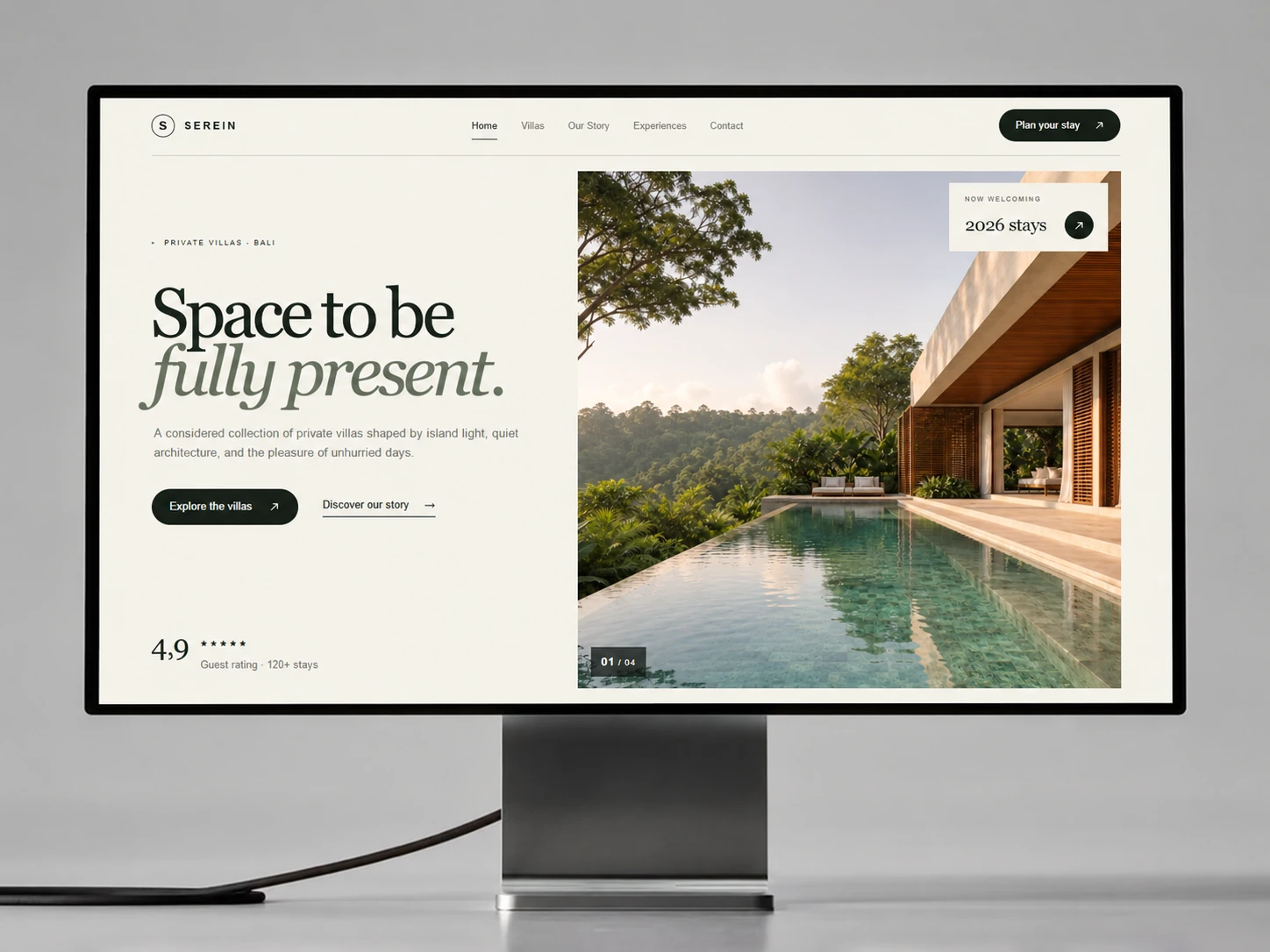 Serein villa hospitality website homepage with private pool hero
