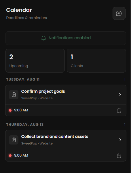 Flowdesk deadline and reminder calendar panel