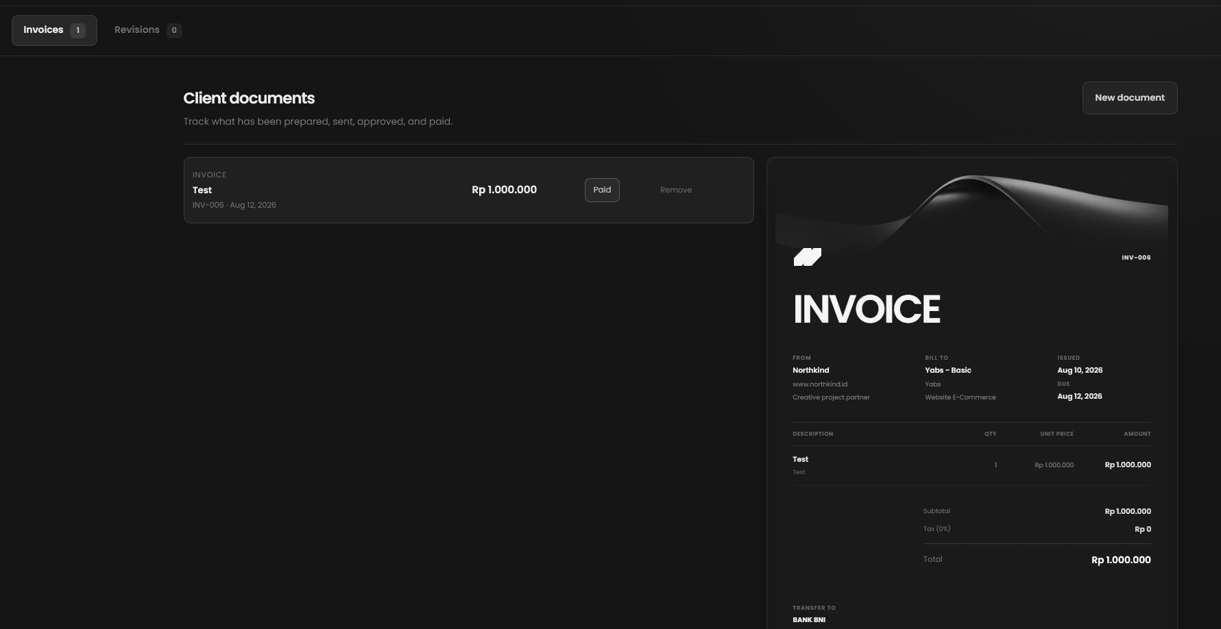 Flowdesk invoice workspace with client document preview