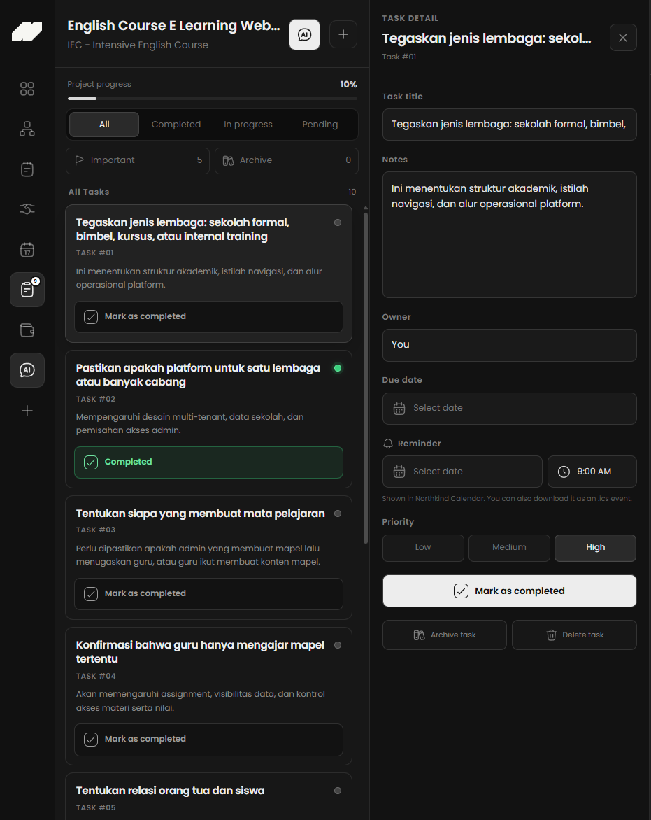 Flowdesk project task workspace with ownership priority and reminders