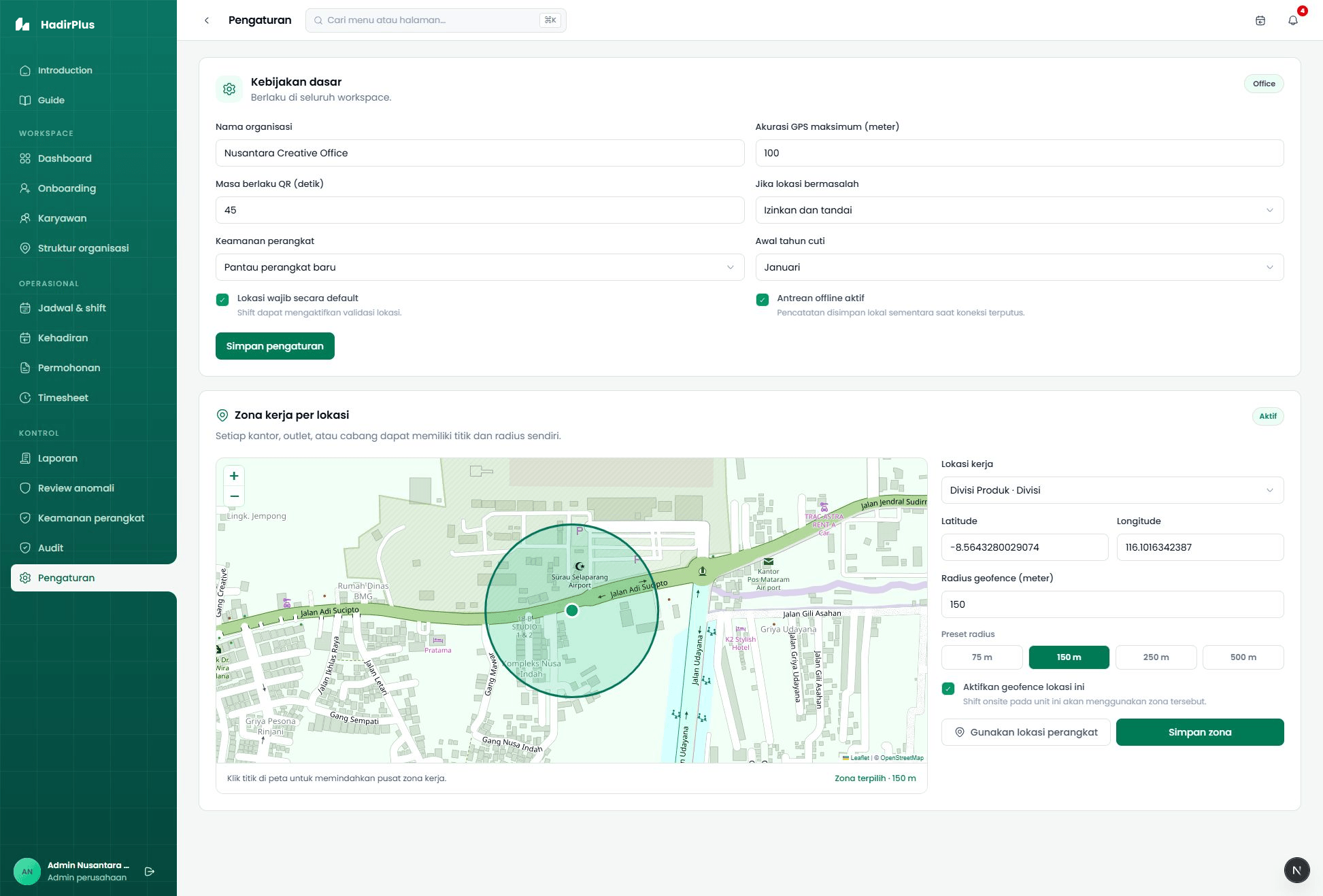 HadirPlus business geofence controls