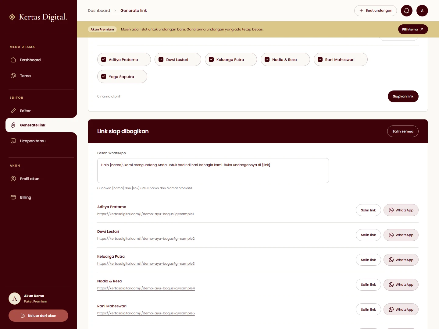 Kertas Digital guest management and personalized invitation links with demo data