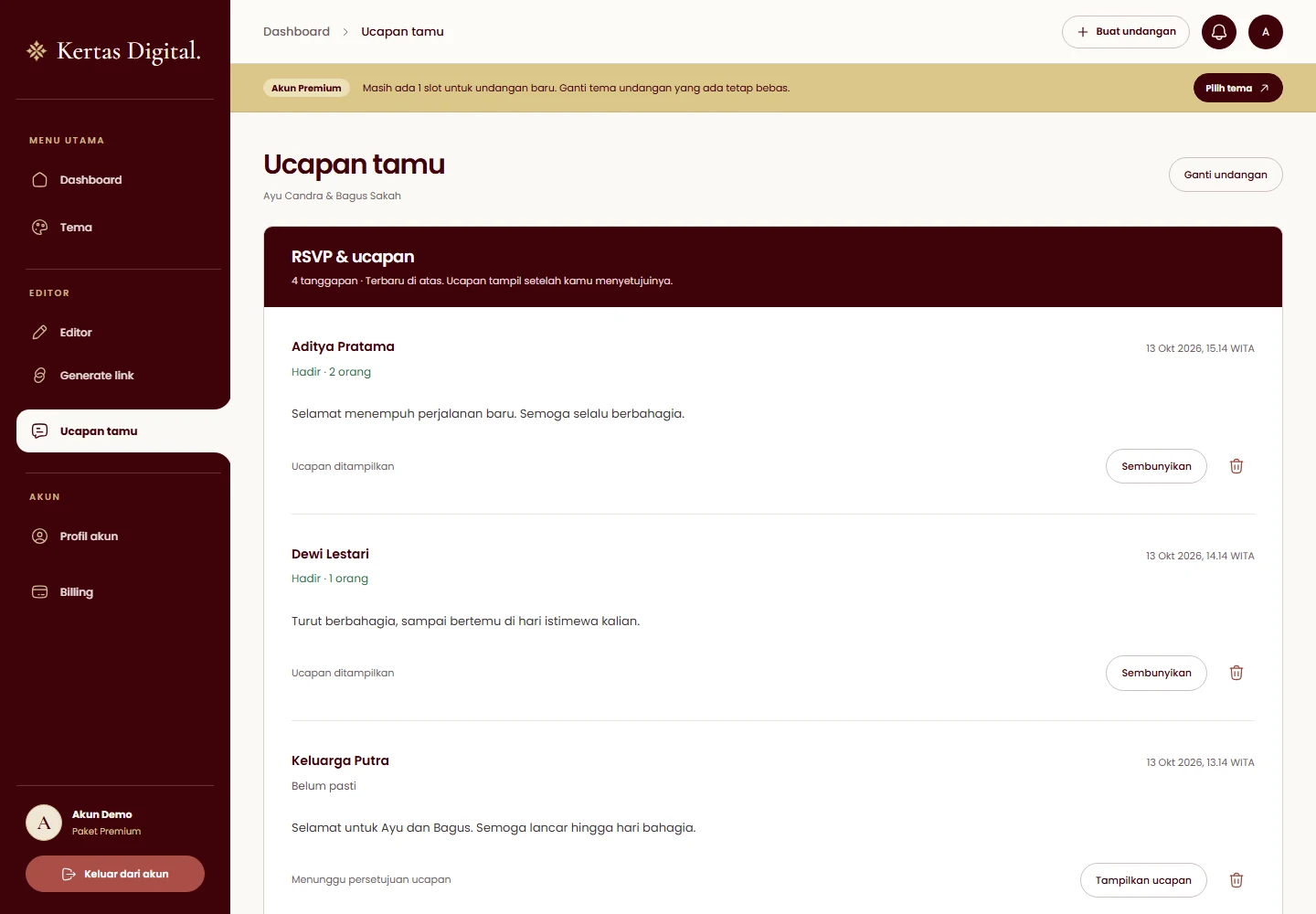 Kertas Digital RSVP responses and guest wish moderation with demo data